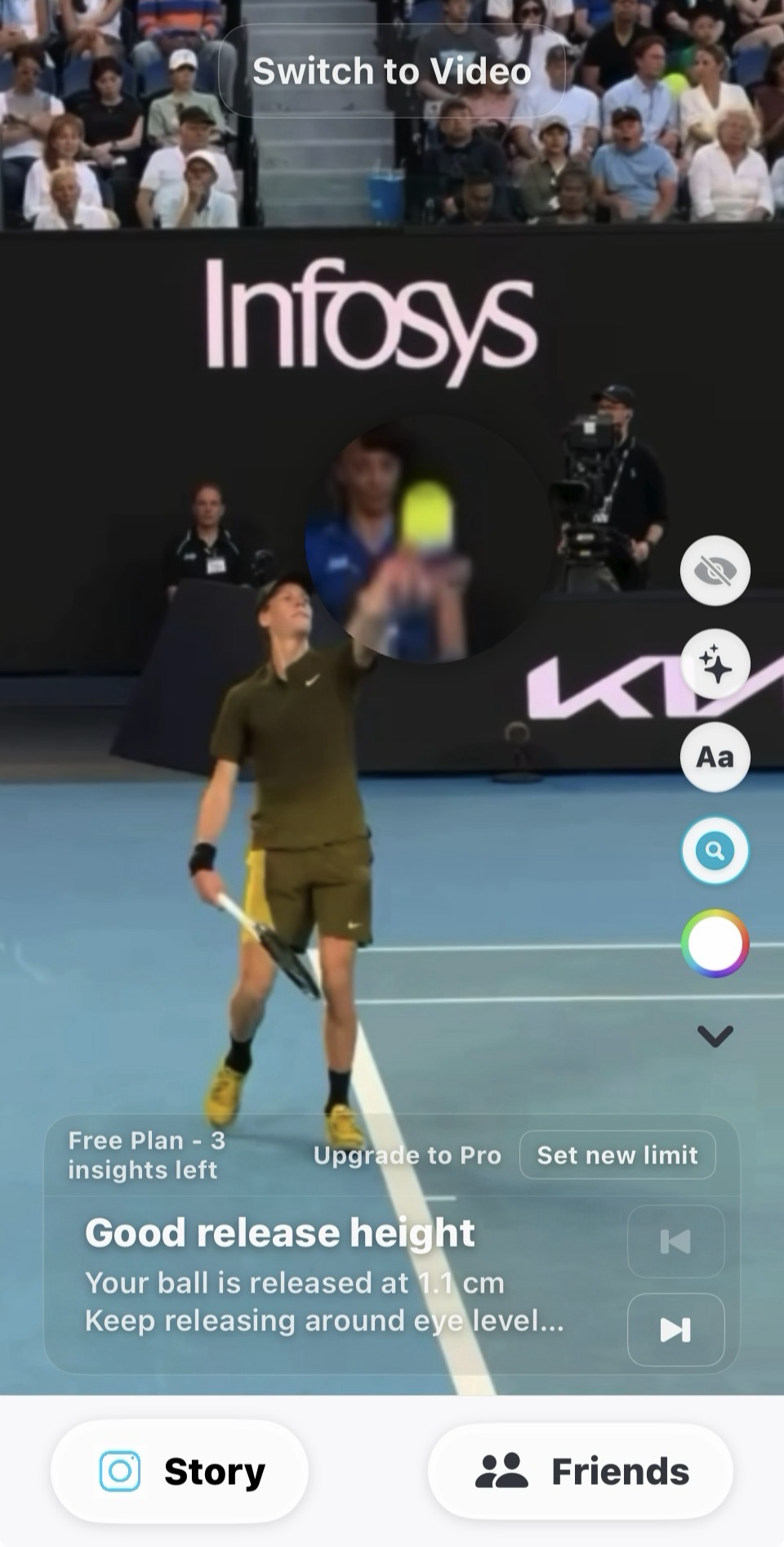 GEMS analysis overlay showing Good release height insight with transparent glass HUD on tennis serve video